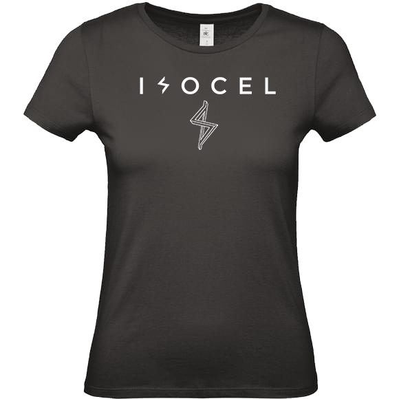 présentation du T-shirt noir femme avec logo et Isocel imprimé dessus